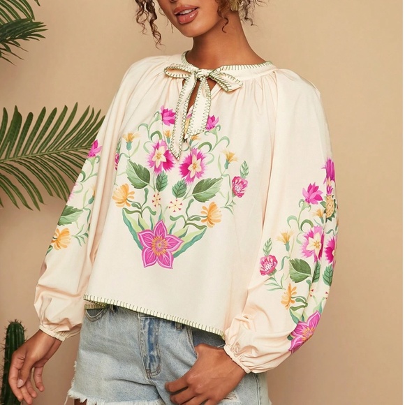 Boho Floral Print Neck Tie Long Sleeve Oversized Blouse - Picture 3 of 6